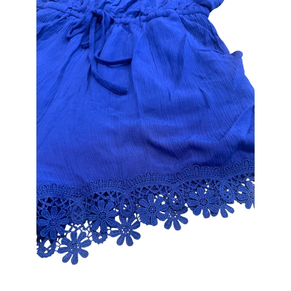 Shinestar Royal Blue Crochet Lace Trim Romper Womens Medium HD5325S Pockets NEW - Picture 6 of 12